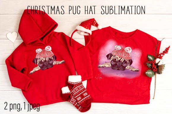Christmas Pug in Winter Hat Sublimation Illustrations
