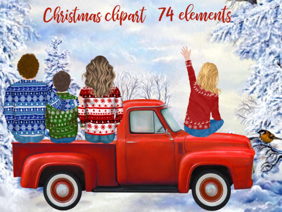 Christmas Red Truck Clipart Family Png: Holiday Illustrations